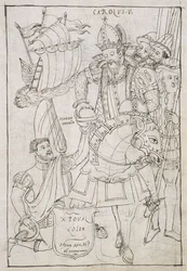 Christoffel Columbus (1451-1506) biedt symbolisch de Nieuwe Wereld aan Karel V (1500-08), uit Historia de Tlaxcala door Diego Munoz Camargo