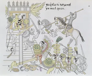 Het verbranden van de afgoden door Hernan Cortes, illustratie uit een facsimile van een Mexicaanse Indiaanse geschiedenistekening Lienzo de Tlaxcala, ca. 1550, 1892