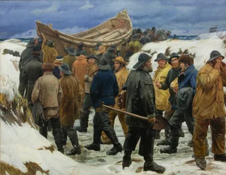 De reddingsboot wordt door de duinen getrokken, 1883