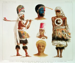 Verschillende Danskostuums Gedragen in Nakello, Fiji, illustratie uit 