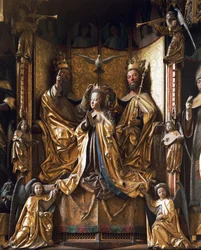 Altaar van de Kroning van de Maagd, circa 1470-1480, gesneden hout, oude parochiekerk van Gries, San Quirino, Bolzano, Trentino-Zuid-Tirol, Italië