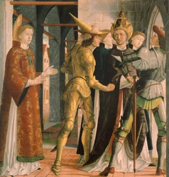 Paus Sixtus II neemt afscheid van de heilige Laurentius, circa 1465, door Michael Pacher (circa 1430-1498), paneel