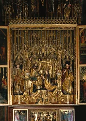 Sint-Wolfgangaltaar, schrijn: Kroning van de heilige Maria, geknield voor Christus Koning, met de Heilige Geest die boven haar zweeft