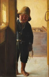 De zoon van een visser kijkt door een deuropening.