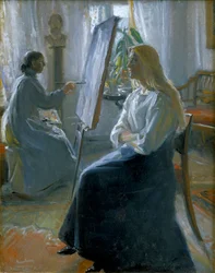 In het atelier, Anna Ancher, de vrouw van de kunstenaar schildert, eind 19e-begin 20e eeuw