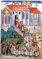 Pelgrimstocht in Santiago de Compostella, gravure, eind 15e eeuw
