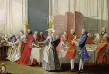 Engelse thee in de Salon des Quatre Glaces in het huis van de prins de Conti (1717-76), Palais du Temple, detail van de gasten, 1766