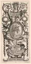 Ornamentpaneel bekroond met een hoofd geflankeerd door loofwerk, plaat 11 uit het Ornamentpaneel bekroond met een hoofd geflankeerd door loofwerk, uit het Livre de Diverses Grotesques peintes dans le Cabinet et Bains de la Reyne Regente, au Palais Royale