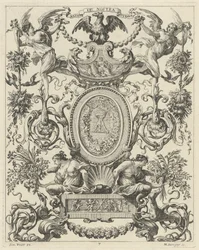 Ornamentaal paneel bekroond door een adelaar en het motto NATOS ET NOSTRA TUEMUR