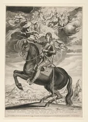 Ruiterportret van Lodewijk XIII (Bourbon) (1601-1603) op 33-jarige leeftijd. Landschap is naar Callot