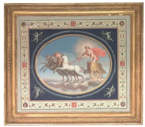 Eén uit een serie van vier decoratieve panelen met Apollo, Mars, Venus en Mercurius in strijdwagens, omringd door Pompejaanse grotesken (bodycolour over ets op papier)