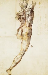 Een mannelijk naakt van achteren gezien, studie voor de Slag bij Cascina, door Michelangelo, tekening