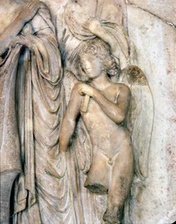 Engel, Venetië marmer, begin 16e eeuw. Begrafenisceremonie, detail, Louvre Museum. Beeldhouwwerk door Michelangelo Buonarroti