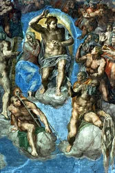 Christus, detail uit "Het Laatste Oordeel", in de Sixtijnse Kapel, 16e eeuw, met zelfportret van Michelangelo als de heilige Bartholomeüs die een gevilde huid vasthoudt