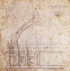 Ontwerptekeningen voor koepel van Sint-Pietersbasiliek in Vaticaan, ontwerp door Michelangelo, Italië