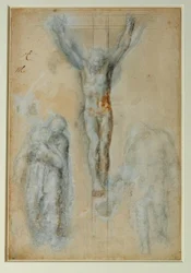Christus aan het kruis tussen de Maagd en Sint Jan (?)