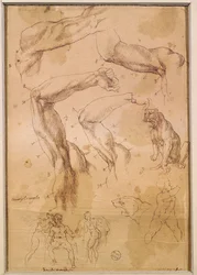 Ms H 184 fol.202 Studies van opgeheven armen, een wilde kat en een groep figuren