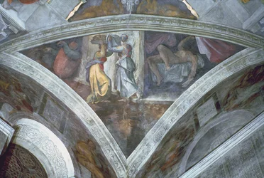 Sixtijnse Kapel Plafond: Judith draagt het hoofd van Holofernes (spandrel) (voor restauratie)