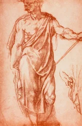 Studie van een gedrapeerde mannelijke figuur; tekening van Leonardo da Vinci. Gabinetto dei Disegni e delle Stampe, Uffizi, Florence