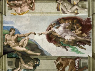 De schepping van Adam, plafond van de Sixtijnse Kapel in het Vaticaan, 1508-1512