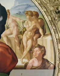 De Heilige Familie met St. Johannes (Doni Tondo) met naakte figuren op de achtergrond