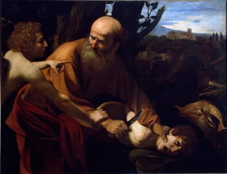 Het offer van Isaak. Een engel houdt Abrahams hand tegen vóór het door de Heer bevolen offer van zijn zoon Isaak. Schilderij van Michelangelo Merisi, genaamd Caravaggio (1571-1610), 1594-1596. Afmetingen 104x135 cm. Florence, Galleria degli Uffizi