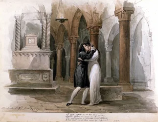 I Capuleti e i Montecchi door Vincenzo Bellini, uitvoering in het Fenice Theater in Venetië. Giuditta Pasta en Giulia Grisi spelen Romeo en Julia. Aquarel door Michele Bisi