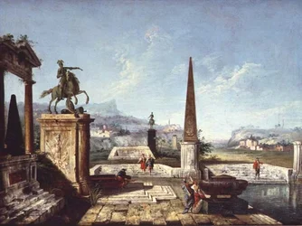 Een Capriccio van Klassieke Monumenten, een Obelisk met Soldaten bij een Poel en Bergen Verderop