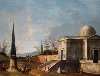 Elegante figuren voor een klassieke kerk met koepel, een obelisk links