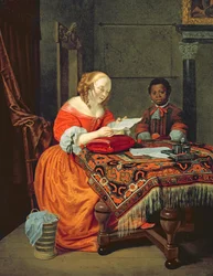 Een vrouw die een brief leest met een zwarte bediende, 1670