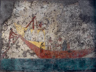 Egyptische oudheid: "Egyptisch militair schip". Fresco uit een graf. 2000 v.Chr. Turijn, Museo Egizio