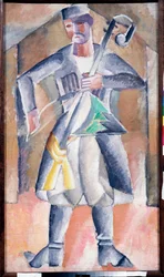 Portret van een muzikant in traditionele kleding met zijn instrument