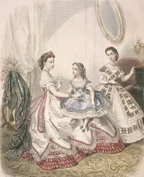 Twee vrouwen en een klein meisje in de nieuwste binnenmode, ca. 1860