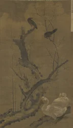 Spreeuwen, ganzen en bloeiende pruimen