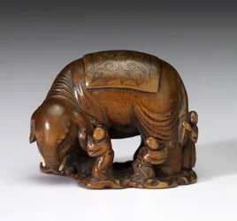 De blinde mannen en de olifant, begin 19e eeuw (hout)