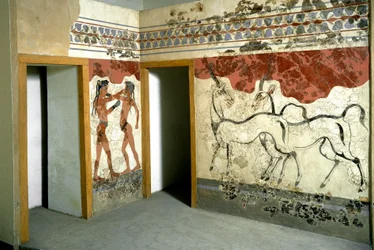 Minoïsche kunst: “Vechtende dieren en strijders” - Fresco uit Akrotiri op Santorini. 16e eeuw v.Chr. Athene, Nationaal Archeologisch Museum
