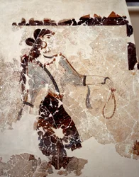 Minoïsche beschaving: vrouwen in aanbidding. Detail. Fresco uit het lustrale bassin van Xeste 3 in Akrotiri (Thera), Santorini. Afmetingen 143 x 381 cm, 16e eeuw v.Chr. Santorini, Verzameling fresco