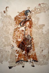 Minoïsche beschaving: vrouwen in aanbidding. Detail. Fresco uit het lustrale bassin van Xeste 3 in Akrotiri (Thera), Santorini. Afmetingen 143 x 381 cm, 16e eeuw v.Chr. Santorini, verzameling fresco