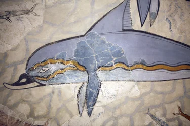 Minoïsche kunst. Het „Dolfijnenfresco“. Het fresco versierde de wand of de vloer van een zaal boven het megaron van de koningin. Fresco gereconstrueerd uit fragmenten van het oorspronkelijke werk dat in Knossos werd gevonden (1600 - 1450 v.Chr.).