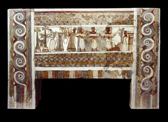 Scène van de cultus van de doden, fresco op de sarcofaag van Haghia Triada