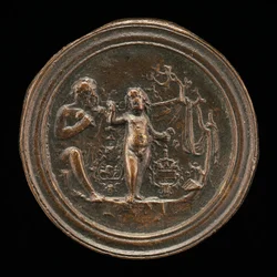 Een beeldhouwer die een standbeeld van Cupido snijdt