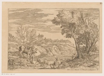 Landschap met man met paard een rivier overstekend