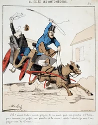 HE. EX. EX. Motoredons: Cartoon over vervoer in de stad. Een koetsier leidt een bourgeois met volle vaart door de stad onder het voorwendsel dat hij weigert hem op tijd te betalen maar hem wil betalen voor de race. Tekening door Moloch (1849-1909), rond 18