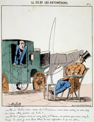 HE. EX. EX. Motoredons: Cartoon van transport in de stad. Een koetsier betaalt op tijd en stopt bij een café om een bock te nemen onder de regels van de bourgeois die hij vervoert. Tekening door Moloch (1849-1909), rond 1860.