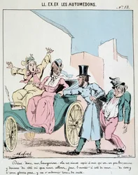 HE. EX. EX. Motoredons: Cartoon van transport in de stad. Een koetsier neemt een dronken vriend mee in de koets naast twee geschrokken bourgeois vrouwen. Tekening door Moloch (1849-1909), rond 1860.