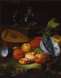 Mandoline, kop en kom, porselein, appels, 1706