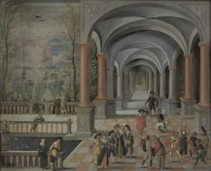 Feestelijke bijeenkomst en figuren uit een Commedia dell