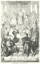 De Sangerkrieg, een wedstrijd tussen minstrelen op het Wartburg kasteel in Thüringen in 1207 (gravure)