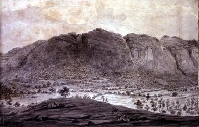 Panoramisch uitzicht op Derwentwater en de Vale of Keswick, detail van bergen, ca. 1772