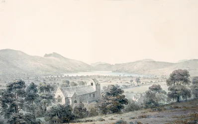 Uitzicht op Bala Pool, Llyntagit, van boven Llanfawr Kerk, Meirionethshire